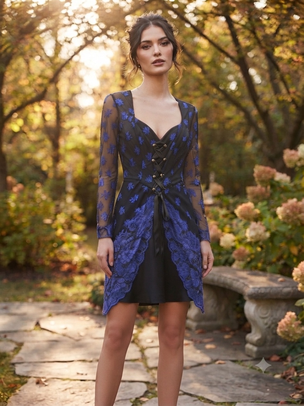 Liancarlo Vintage Lace-Overlay V-Neck Long Sleeve Dress 6